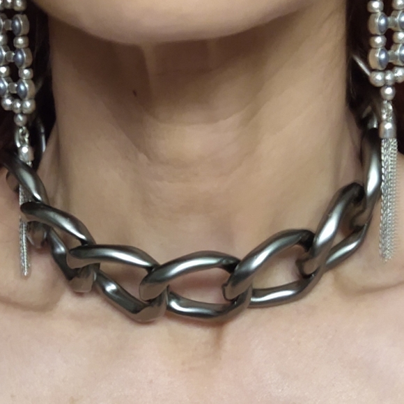 Chanel Designer Gunmetal Silver Chain Choker Necklace- Rare - Picture 7 of 9